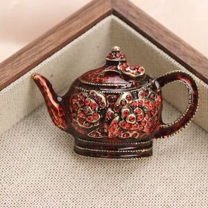 Vintage Red Teapot Crystal Brooch